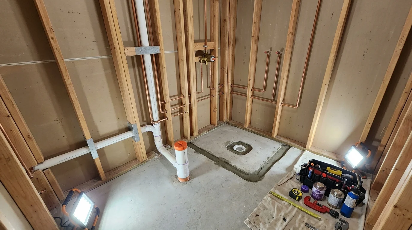 Bathroom rough-in plumbing during remodel by Johns Plumbing LLC in Owensboro