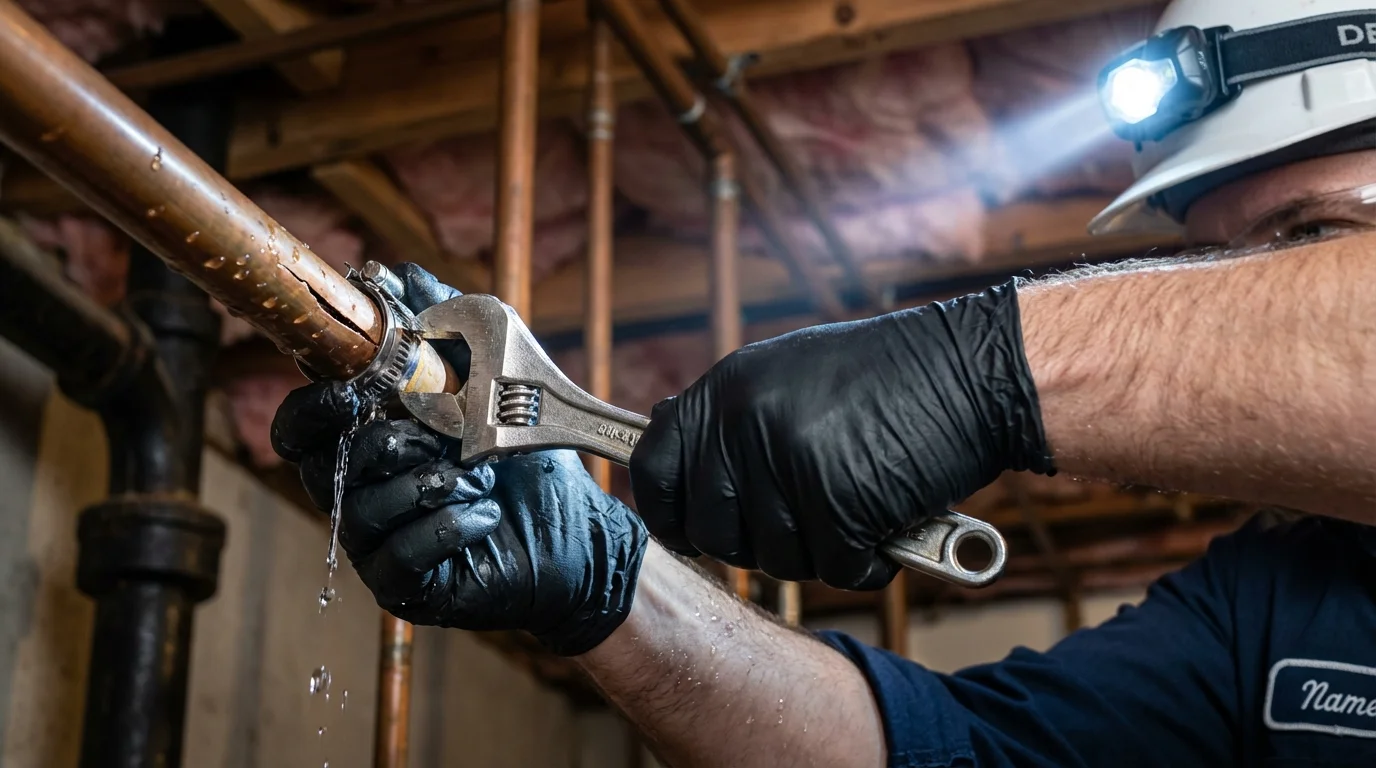 Emergency pipe clamp repair being performed by a Johns Plumbing LLC plumber in Owensboro