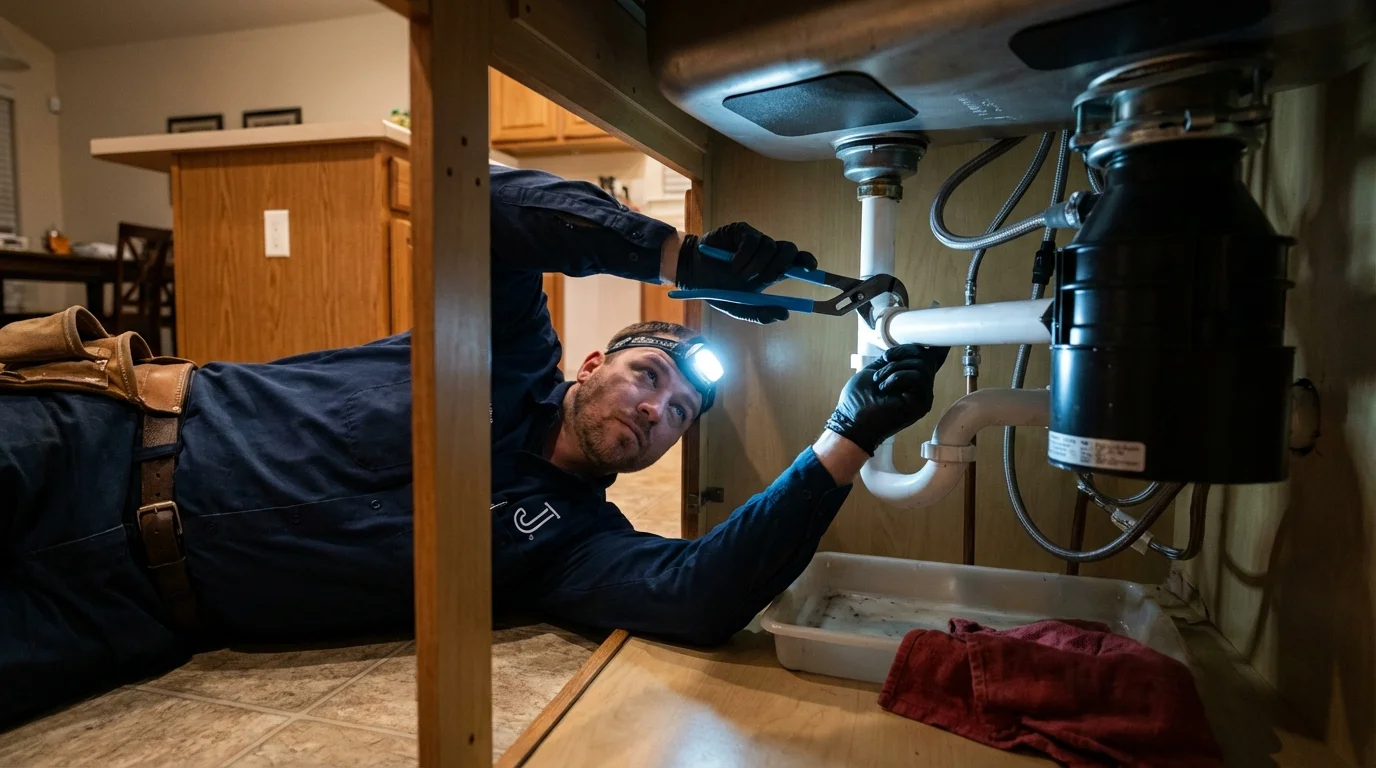 P-trap and supply line connections under a kitchen sink showing a common leak point in Owensboro, KY